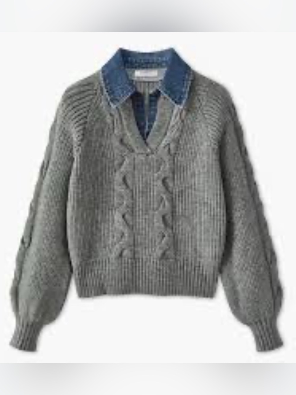 Commense Denim Panel Ribbed Ribbed Lapel Cable-Knit V-Neck Gray Sweater Size XS